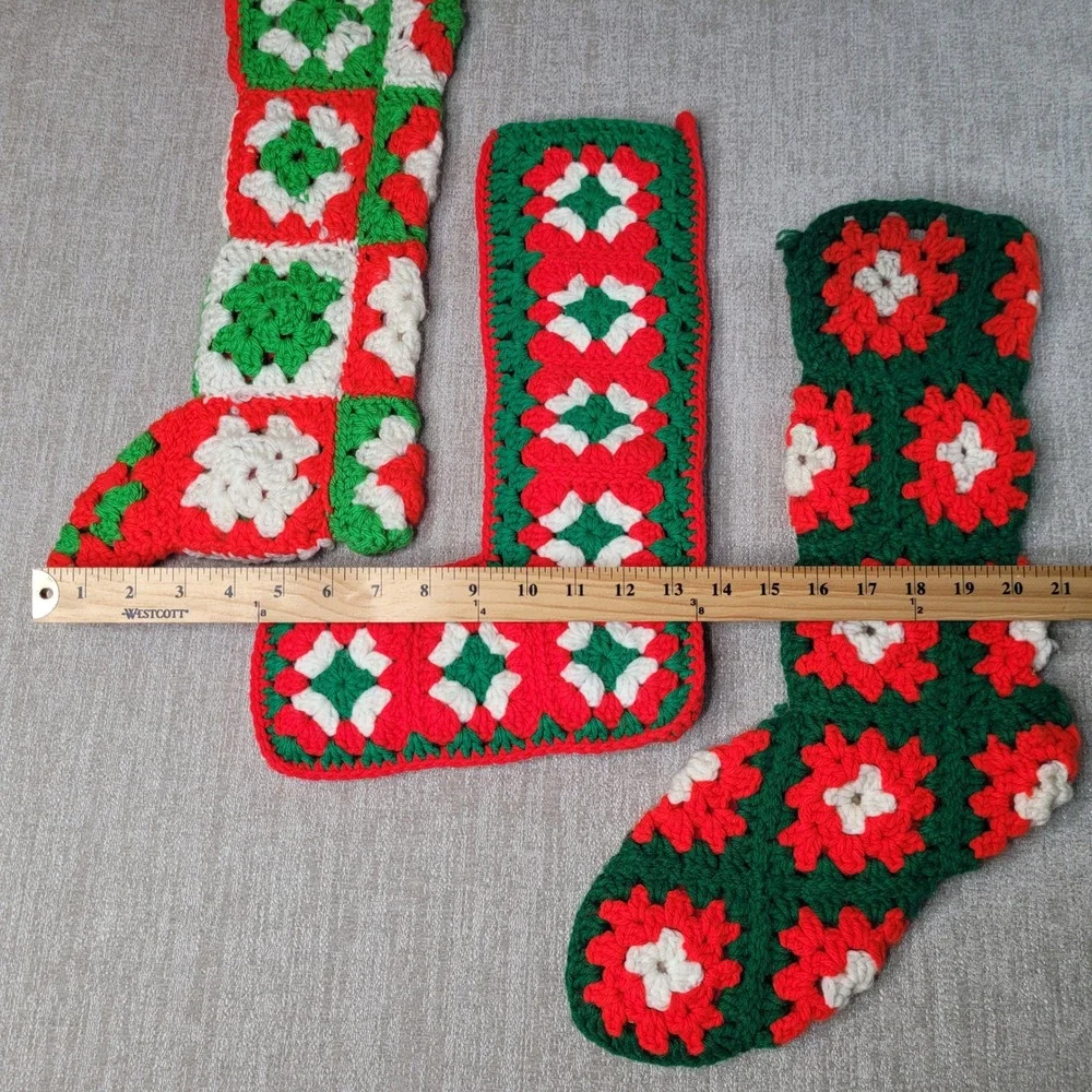 3 Vintage Hand Made Christmas Stockings Red Green White Granny‎ Square Crochet
